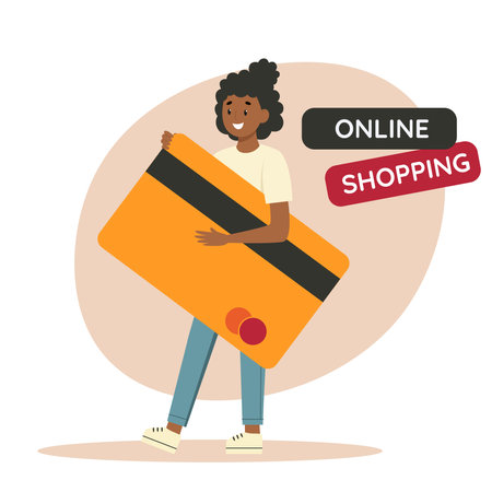 Girl carrying big bank card on white background. Digital wallet icon. Financial cashless transaction. Flat vector illustration.Credit cardのイラスト素材