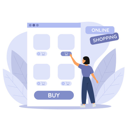 Modern flat illustration with woman online shopping for web promotion design. Lifestyle concept. Technology concept. Modern simple illustration. Flat vector illustrationのイラスト素材