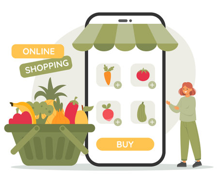 Woman chooses healthy food on mobile application, with huge shopping cart full of vegetables. Online shopping concept.のイラスト素材