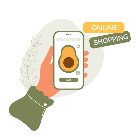 Online shopping concept. Female hand hold phone with  app for order vegetables on device screen. Character buying vegetables from online shopのイラスト素材