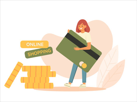 Woman carrying huge bank card. Big heap of coins. Online shopping concept. Flat vector illustrationのイラスト素材