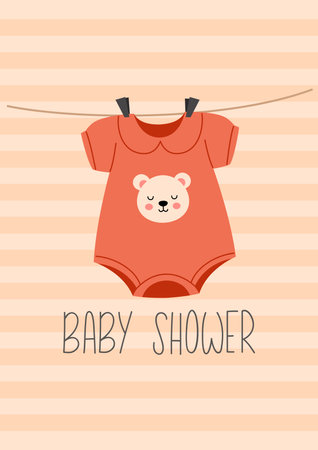 Baby shower card invitation with cute newborn clothes. Vector illustrationのイラスト素材