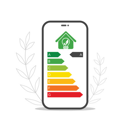 Phone screen with energy efficiency rating on screen. Save energy concept. Monitoring and control of energy consumption via appのイラスト素材