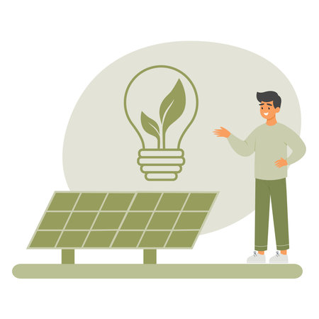 Nature energy, clean energy, green eco concept. Man use solar panels. Save the earthのイラスト素材