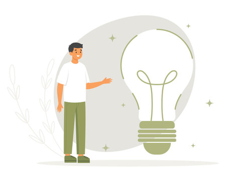 Man with huge lightbulb. Save energy conceptのイラスト素材