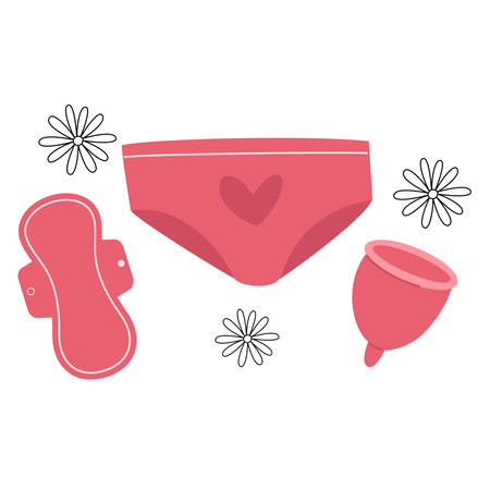 Woman collection for  menstruation. Pants, pads, tampon and menstrual cup. Vector
のイラスト素材
