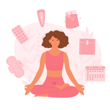 Girl sitting in meditation pose with menstrual products around. Menstruation set for woman hygieneのイラスト素材