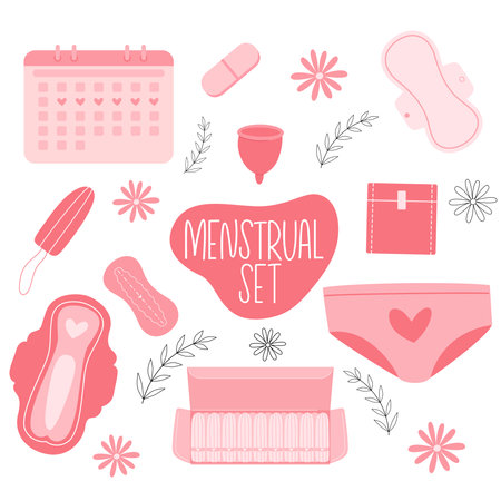 Menstrual cycle set. Menstruation calendar. Period. Menses productsのイラスト素材