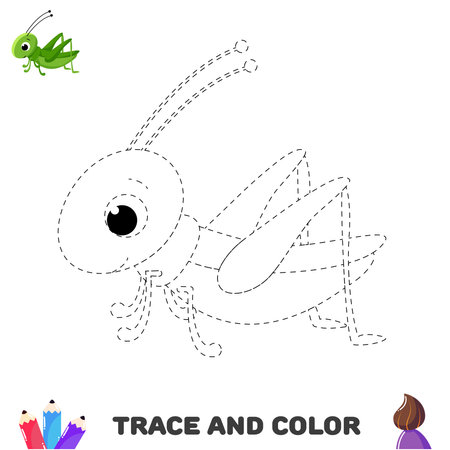 Trace and color educational worksheet for kids. Tracing grasshopper. Activity color pages&#xD;のイラスト素材