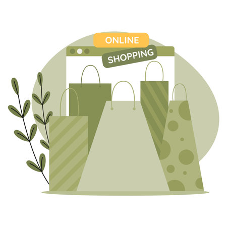 Online shopping concept. Web page with big paper bags for shoppingのイラスト素材