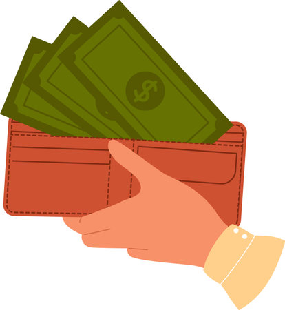 Hand holds purse with green dollars. Money wallet with paper currency. Vector illustration
のイラスト素材