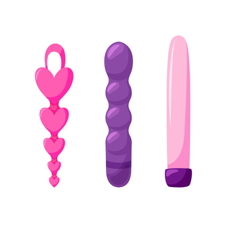 Set of vaginal balls, dildo. Different sex toys for adults. Sex shop collection. Erotic elements for gamesのイラスト素材