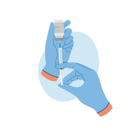 Doctor hand in gloves with syringe with vaccine liquid. Nurse hand in medical gloves hold syringe and ampoule with medicine. Vaccination concept
のイラスト素材