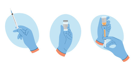 Set of illustrations with hand in gloves with syringe, ampoule with liquid. Making injection conceptのイラスト素材