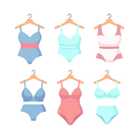 Collection of woman elegant swimsuits on a hanger. One peace and two peaces bathing suits setのイラスト素材
