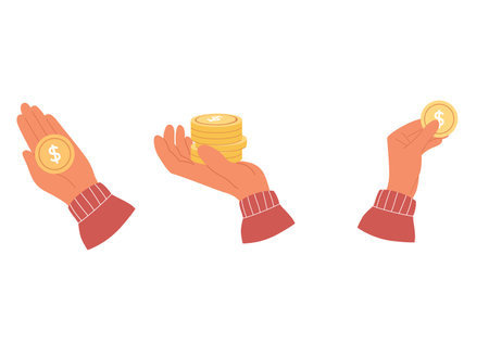 Collection of illustrations with hand holding gold coins. Hand with stack of coins on palmのイラスト素材