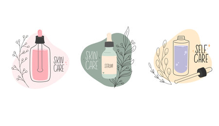 Collection of skin care products. Hand drawn set of bottles with serum for face routine
のイラスト素材