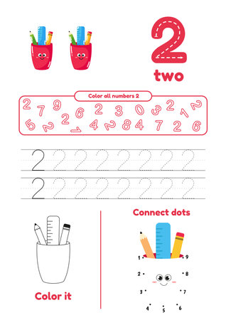 Educational worksheet with color school supplies, dot to dot, trace for kids. Learn number 2のイラスト素材
