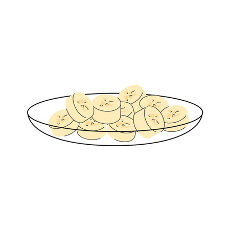 Outlined plate with sliced ââbananas in doodle hand drawn style. Banana slices sketchのイラスト素材