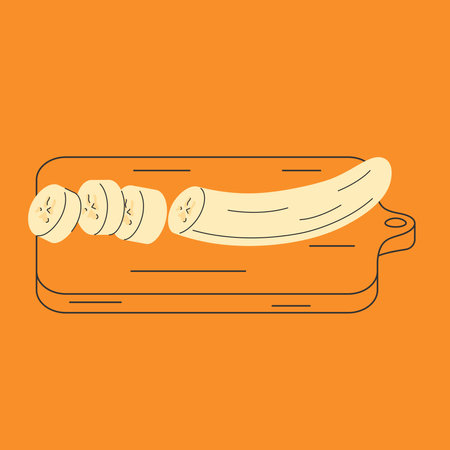 Hand drawn banana on outlined cutting board. Doodle slices of peeled banana&#xA;のイラスト素材