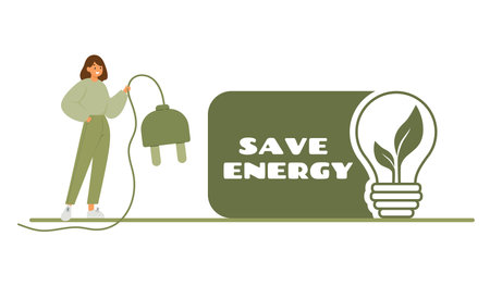 Woman unplug appliances at home. Electricity saving concept. Sustainability and power save concept&#xA;のイラスト素材
