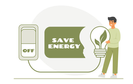 Switch off the light. Save energy concept. Man holding lightbulb with green growth insideのイラスト素材