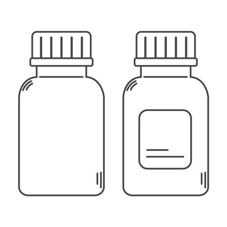 Line art contour set of pills bottles. Medicine containers icons with prescription label. Editableのイラスト素材