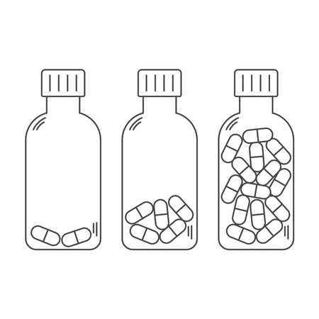 Set of linear medical bottles with pills, full, half filled and empty of drugsのイラスト素材