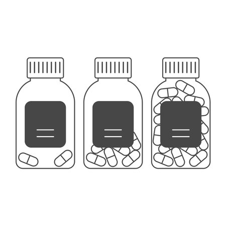 Set of full, half filled and empty plastic bottles with pills. Biologically active vitamins in jar&#xA;のイラスト素材