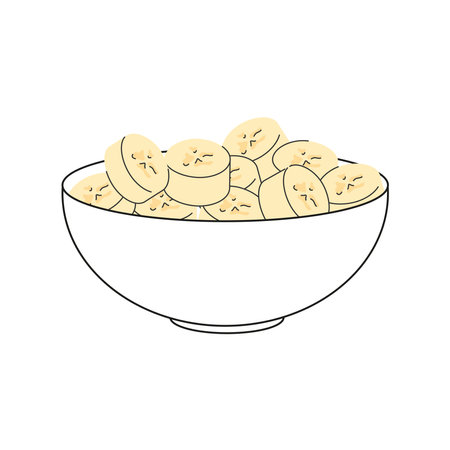 Chopped and peeled banana pieces. Transparent outlined bowl with sliced ââtropical fruit&#xD;in doodle hand drawn styleのイラスト素材