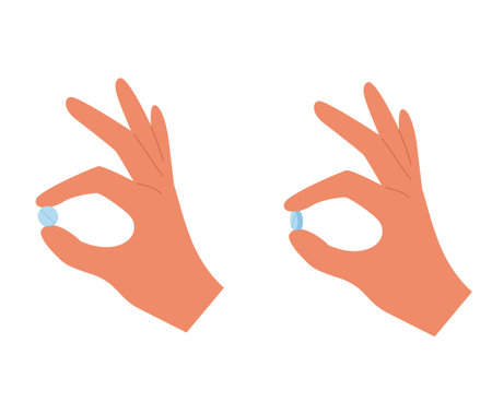 Set of two hands holding pill in different angles by two fingers. Pharmacy concept
のイラスト素材