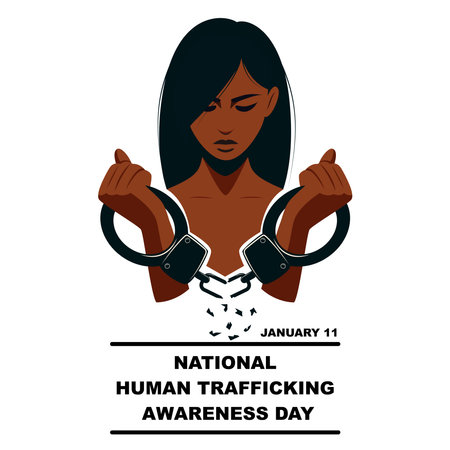 National Human Trafficking Awareness Day poster with slave girl in broken handcuffs. January 11&#xA;のイラスト素材