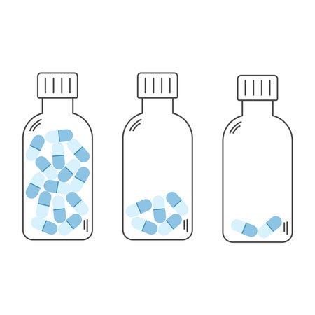 Set of three outlined medicine bottles filled with blue capsules in different quantitiesのイラスト素材