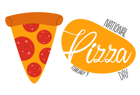 National Pizza Day poster. February 9. Banner design template with hand drawn pizza slice and text&#xA;のイラスト素材