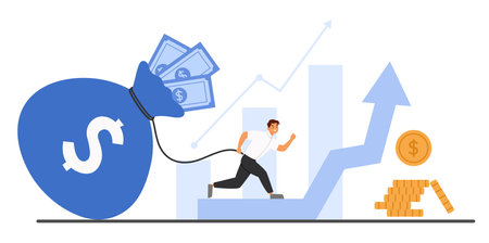 Man pushing a huge money sack, visualizing profit growth, economic stability, and financial successのイラスト素材
