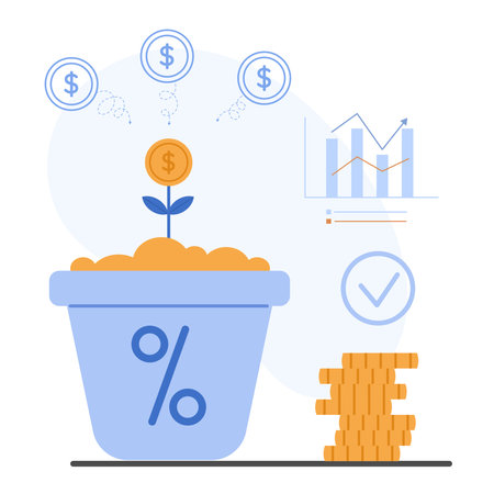 Financial growth illustration with a money plant sprouting from a pot, coins, and a profit graph symbolizing investmentsのイラスト素材