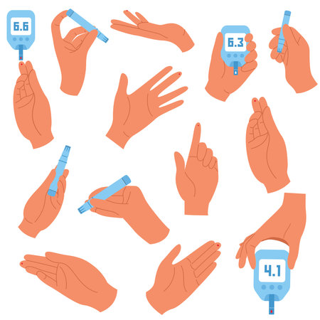 Diabetes controlling concept set with hands. Collection of human hands with puncture, glucometer, insulin pump. Hands hold various diabetes devices&#xA;のイラスト素材
