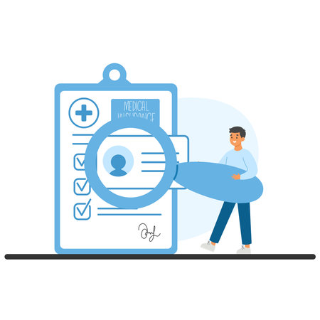 Patient with magnifying glass showcasing medical records, personal data, and insurance policies. Importance of accuracy in health documentationのイラスト素材