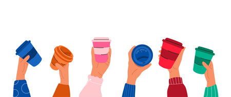 Set of human hand with colorful bright paper coffee takeaway cups. Beverages and drinks concept.のイラスト素材