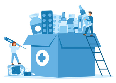 Large medical box filled with essential medicines, bottles, and pills. Healthcare concept with people managing a stock of pharmaceutical suppliesのイラスト素材