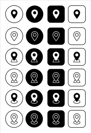 Huge set of pin location icons.  Simple address icons collection. Outline map buttonsのイラスト素材