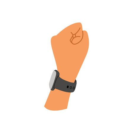 Hand wearing a smartwatch with a black strap, modern wearable wireless pay technology and fitness tracking
のイラスト素材