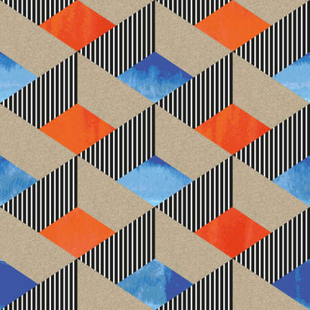 Patchwork abstract red and blue watercolor seamless pattern print illustrationの写真素材