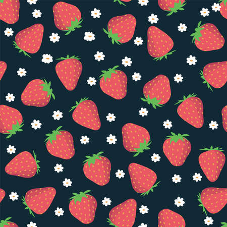 Strawberry with leaves and flowers vector pattern background. Fruit illustration isolated on dark background. Seamless background with red strawberries for wrapping paper, wallpaperのイラスト素材