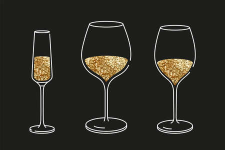 Set of glassware alcoholic drinks. Golden glitter illustration isolated. Flat design style cocktails with color fillのイラスト素材