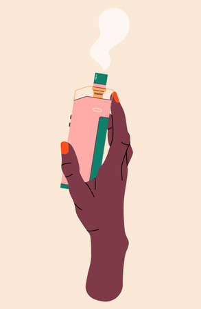 Hand holding vape colorful illustration. Electronic cigarettes and vape concept. Modern vector illustration. Variety of designs vape pens and pod mods. Flat vector design for web.のイラスト素材