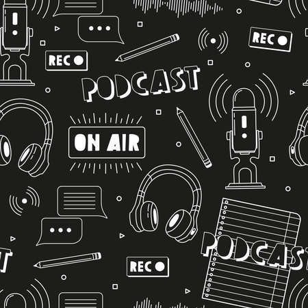 Headphones, microphone, note list, tea, speech bubbles icons seamless pattern. Podcast recording and listening, online radio, audio streaming service concept. hand drawn vectorのイラスト素材