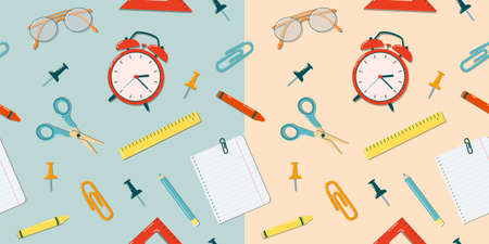 Back to school seamless pattern. Colorful doodle illustration with school supplies. Scissors, pins, clips, glasses, pencil, paper, alarm clock and ruler. vector backgroundのイラスト素材