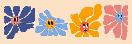 Doodle flowers with cartoon funny smiling faces, daisy retro characters. Cute floral happy emotion. Childish logo design with daisies vector set. illustration of smile flowersのイラスト素材