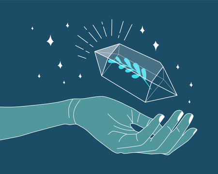 Hand holding crystal gem outline illustration. Magic crystal concept. modern vector illustration. Transparent line art gem with leaf and stars. Minimalistic design for web.のイラスト素材